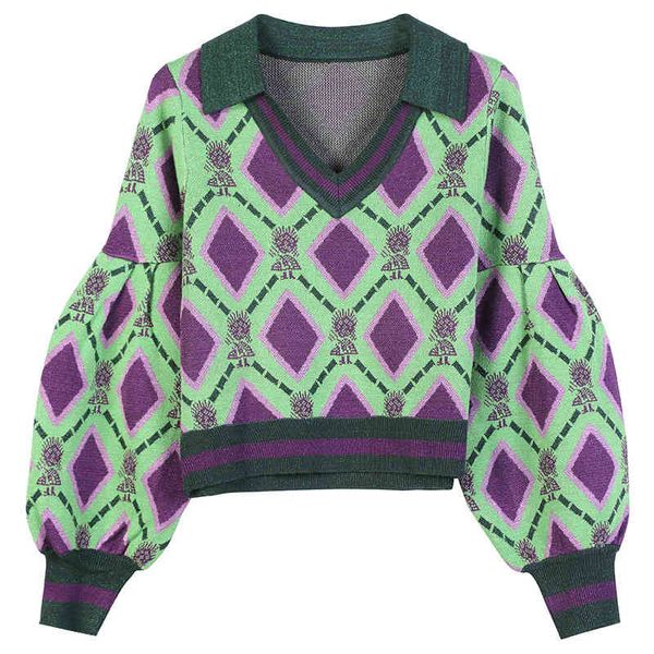 

women's sweaters runway christmas green sweater winter fashion vintage women long-sleeved lapel plaid lantern sleeve knit short pullove, White;black