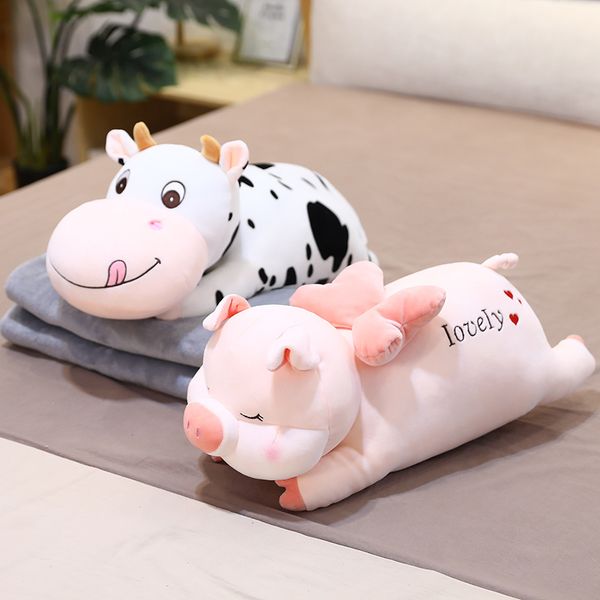 

2-in-1 animal with blanket stuffed toy cute turtle pig milk cow functional lying plushie doll for kids nap reading overnight