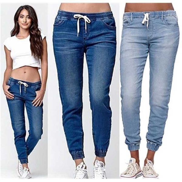 

women's jeans elastic waist rubber band mouth slim fit leisure young small foot, Blue