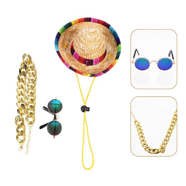 Hundebekleidung, 3 Stück, Mini-Sombrero, mexikanische Hüte, klassische Haustier-Sonnenbrille, verstellbare Goldkette