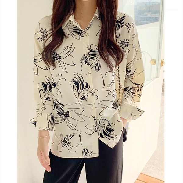 

summer women shirt female blouse print retro casual turn-down collar chiffon long sleeve loose elegant office lady women's blouses & s, White
