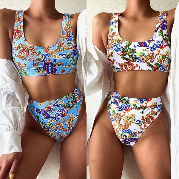 

dragon print female swimsuit women swimwear triangle ribbed high waist bikinis 2021 two-pieces bikini set brazilian bathing suit one-piece s