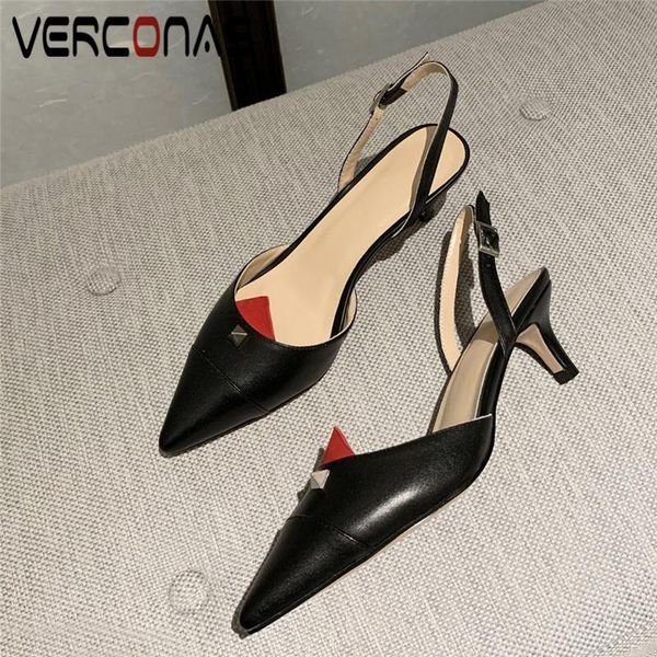 

casual woman pumps 2021 brand design genuine leather sandals metal decoration pointed toe thin heels shoes, Black
