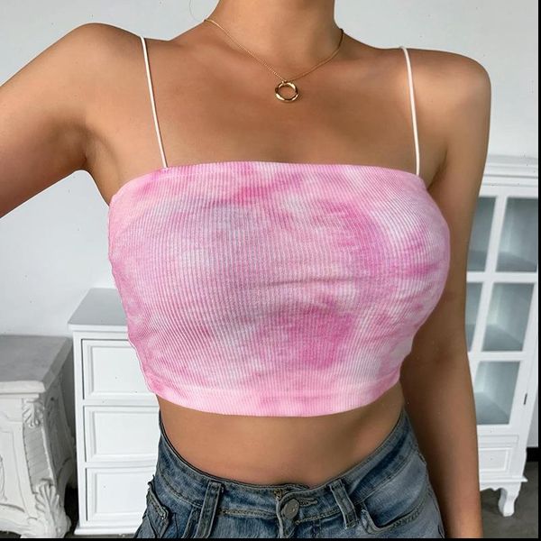 

womens tanks summer basic strappy sleeveless crop slim dye printing camis strap chic pink blue harajuku streetwear, White
