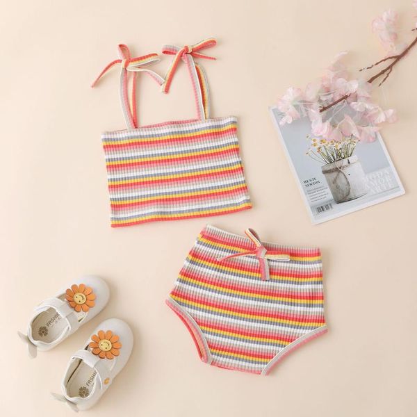 

clothing sets girls clothes 2021 summer children set sleeveless rainbow stripe baby for cotton triangle shorts, White