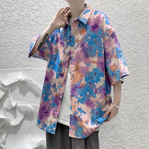

men's casual shirts 2021 fashion printed short sleeve shirt spring summer hip hop streetwear men korean harajuku clothing, White;black