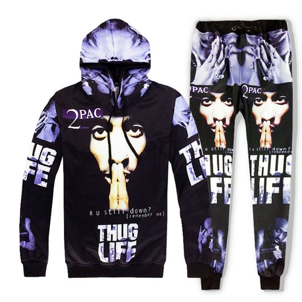

men's casual suit sports hooded sweater printed long sve trousers 2pac rapper two piece set, Gray