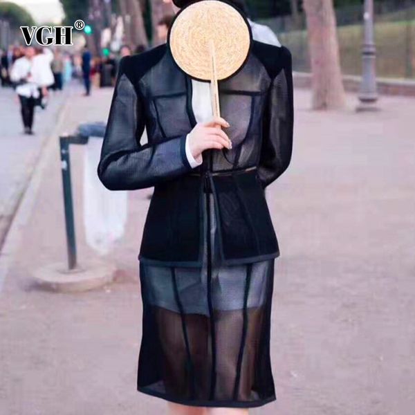 

vgh hollow out three piece set for women patchwork mesh lapel long sleeve high waist dresses casual black sets female tide 210421, Black;gray
