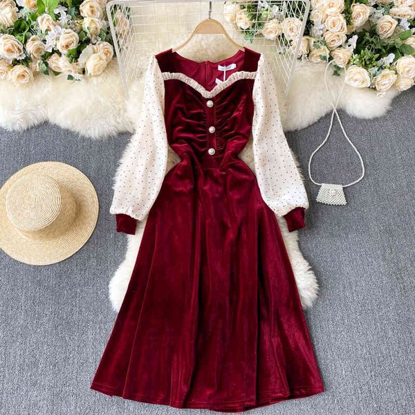 

singreiny elegant retro velour dress women splice dot puff sleeve v neck a-line dresses autumn korean fashion velvet midi dress 210419, Black;gray