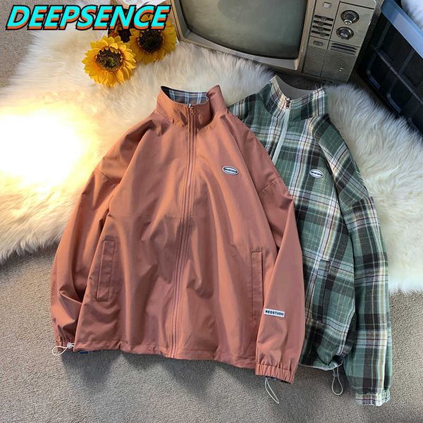

coat spring autumn casual stand jacket men korean reversible plaid fashion all match loose fit jackets men women 210927, Black;brown