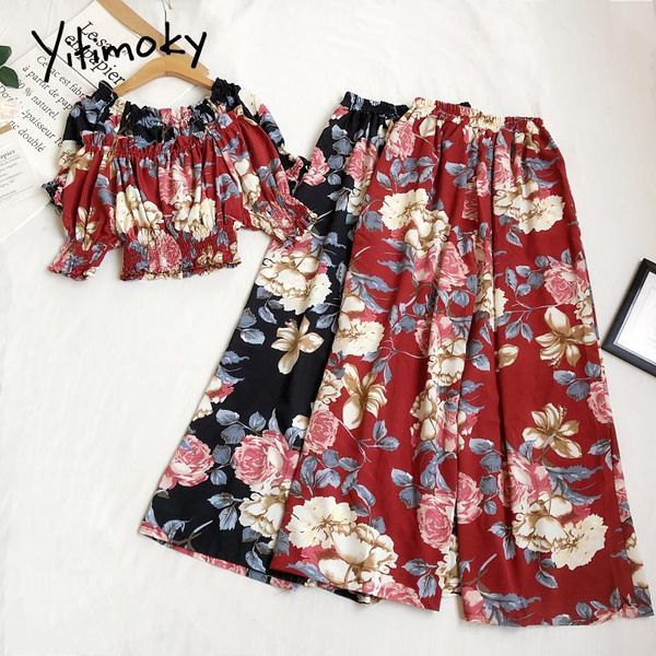 

women's two piece pants yitimoky summer floral 2 sets women t-shirts and elastic waist wide leg knitted puff short sleeve slash neck bl, White