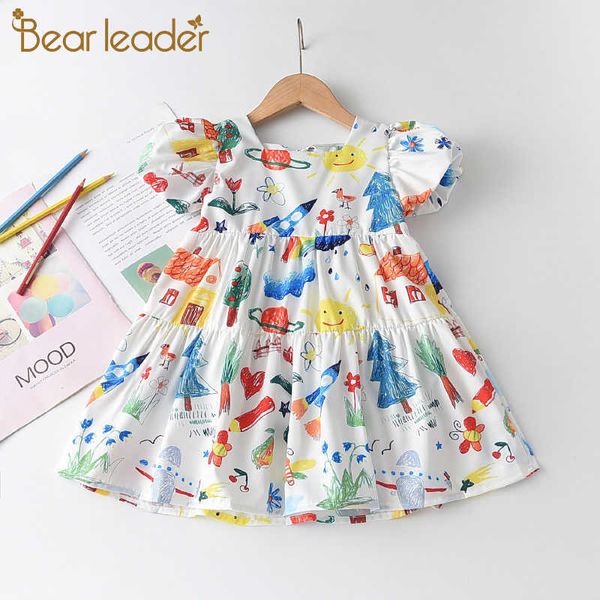 

bear leader girls cartoon print dress summer kids casual princess outfits children bowtie clothing baby casual costumes 3-7y 210708, Red;yellow