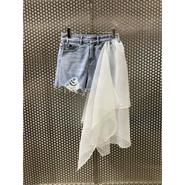 

4.5 high end women's fashion waist patchwork mesh denim shorts jeans, Blue