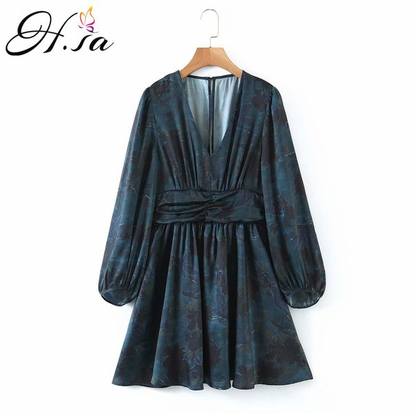 

h.sa women summer and spring long sleeve dresses v neck bow pleated loose knee length vestidos floral casual dress 210417, Black;gray