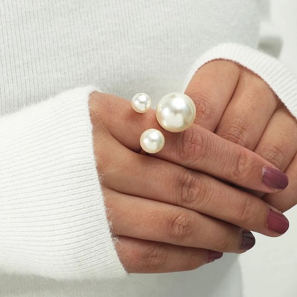 

fashion geometric irregular imitate pearl rings for women vintage gold metal opening adjustable rings jewelry accessories, Silver