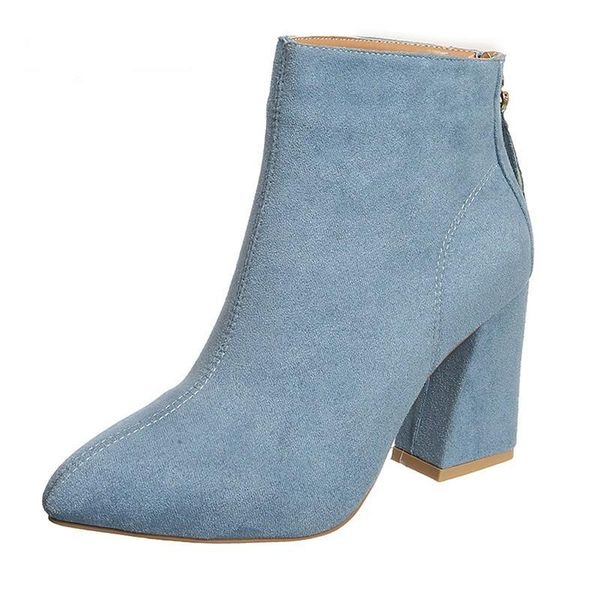 

boots classics ankle women kid suede soft shoes anti-skid pointed toe square high heels zip ladies footwear, Black