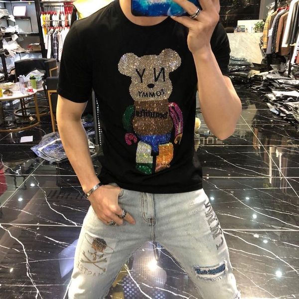 

men's t-shirts bodybuiding summer t-shirt personality pupper bear drilling design exaggerated short-sleeved fashion high end top, White;black