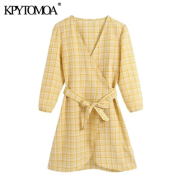 

women chic fashion with belt check wrap mini dress vintage v neck three quarter sleeve female dresses vestidos 210420, Black;gray