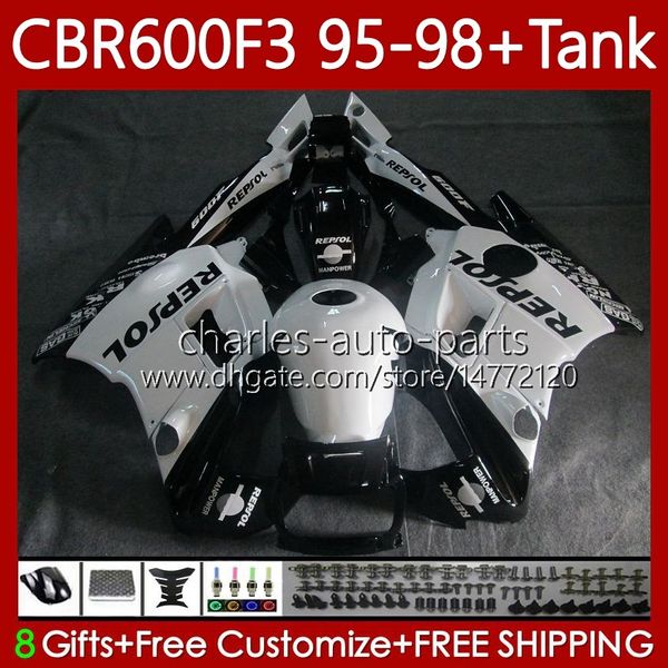 Verkleidungen + Tank für HONDA CBR 600 600F3 CBR600 F3 FS CC 1997 1998 1995 1996 Karosserie 64No.114 CBR600F3 600CC 600FS 95-98 CBR600-F3 CBR600FS Repsol White 97 98 95 96 Karosserie-Kit