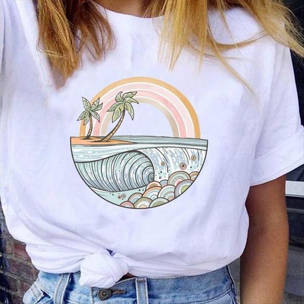 

graphic wave beach cartoon women t shirt vacation summer spring fashion short sleeve lady clothes tees print female, White