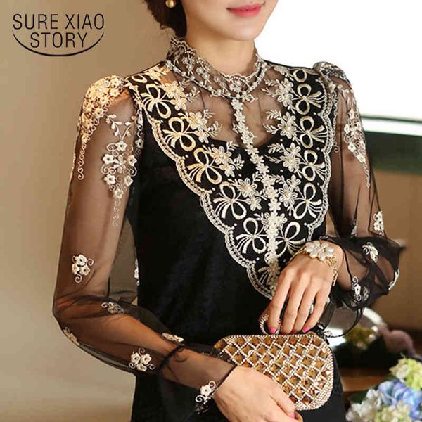 

Women's Blouses & Shirts fashion Spring long sleeve Women shirts lace blouse Slim Elegant Plus size sexy hollow women tops 980F 35 YLDB, White