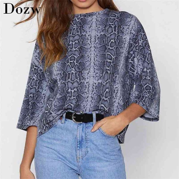 

summer tshirt for women arrive snake print t shirt o-neck batwing short sleeve tees loose tunic streetwear t-shirt 210515, White