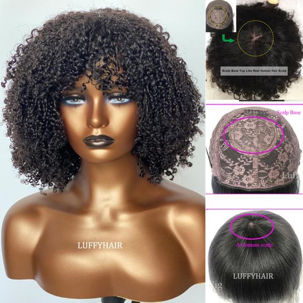

lace wigs 3b 3c curly human hair scalp with bangs 20inch 250 density afro kinky silk machine for women, Black;brown