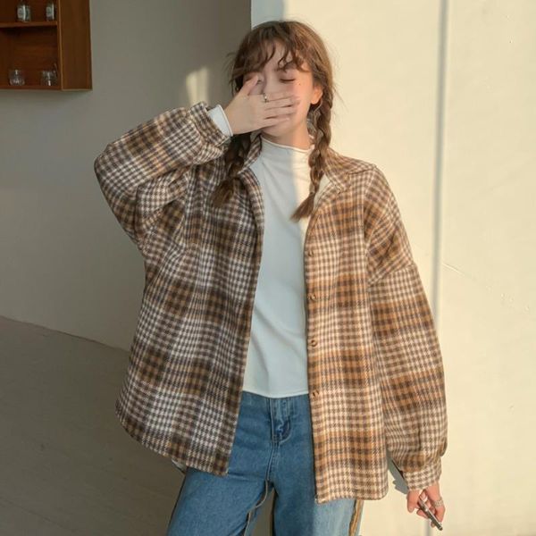 

women's jackets cmaz 2021 autumn winter thick coats for women retro plaid wool coat spring and design sense niche loose, Black;brown