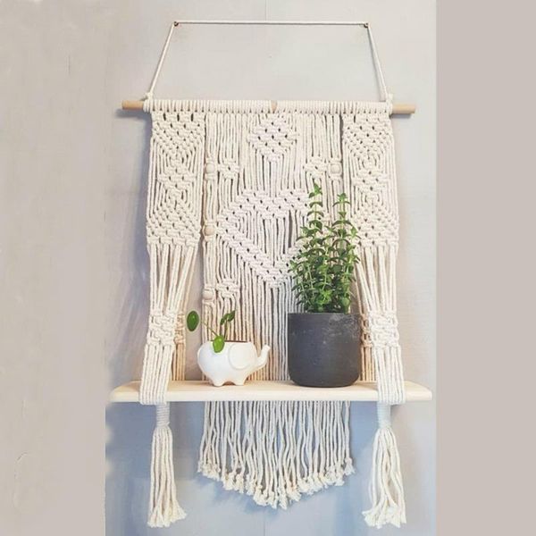

tapestries wooden shelf tapestry rack woven wall hanging rope cotton floating bohemian home decoration