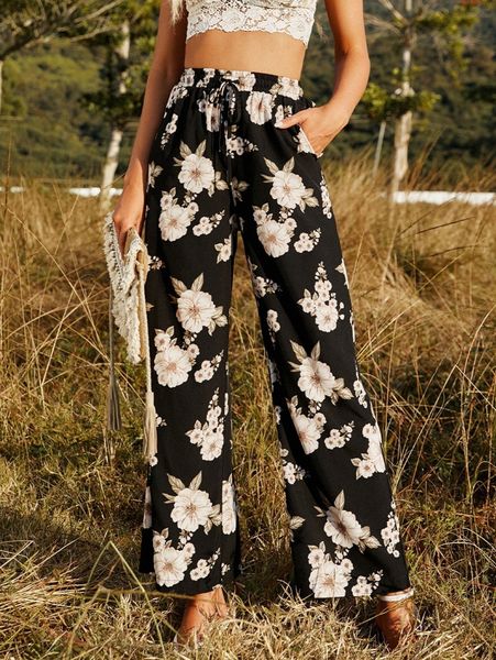 

floral print wide leg pants n9ct#, Black;white