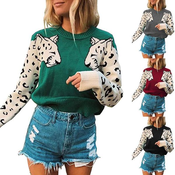 

women's sweaters autumn women round neck long sleeve knitted leopard print pullover sweater coats wdc9157, White;black
