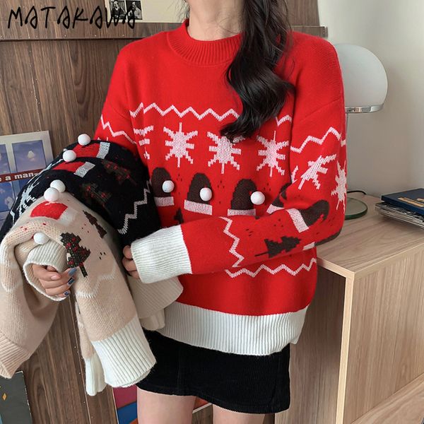 

matakawa christmas sweater female o-neck cute woman sweaters autumn and winter loose outer wear thick pullover sweater 210513, White;black