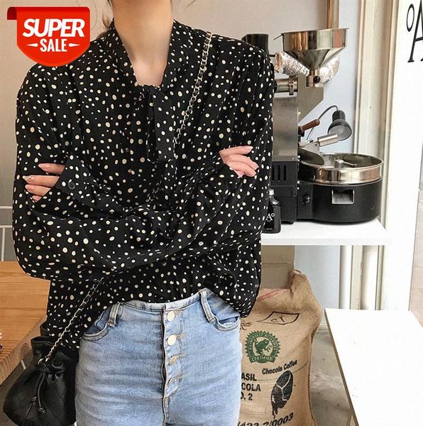 

303-25 homemade net red lace-up bow-knot female spring korean retro polka-dot long-sleeved shirt #yy8t, Black;gray