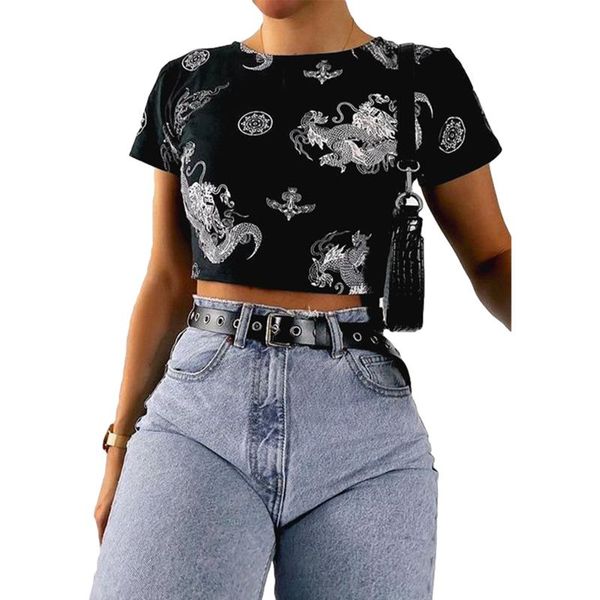 

women's t-shirt vintage t-shirt, summer short sleeve crewneck dragon print slim fit crop, White