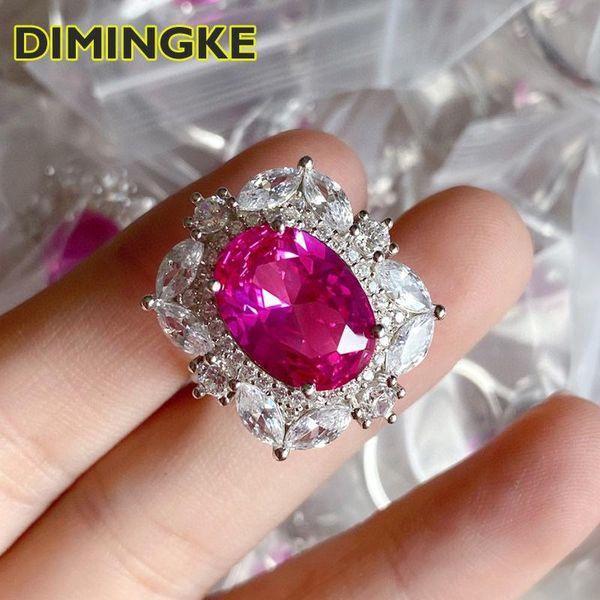 

cluster rings dimingke vintage 12*16mm oval natural red corundum diamond ring 100% s925 sterling silver jewelry party anniversary gift, Golden;silver