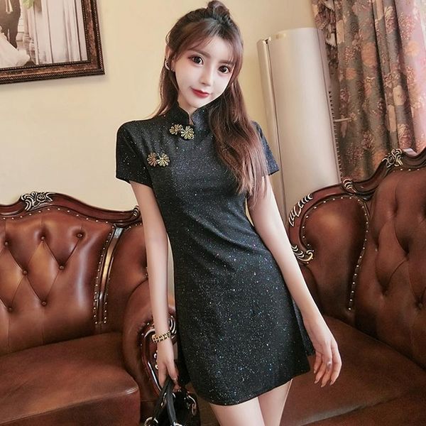

casual dresses summer improved cheongsam young girl's two-piece suit pants, daily retro temperament waist dress, Black;gray