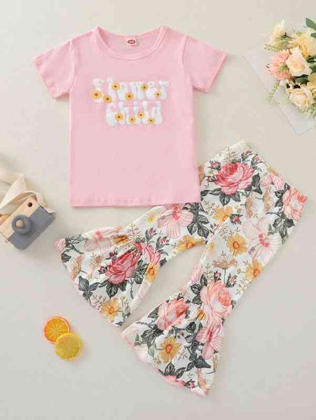 

baby letter graphic tee & floral flare leg pants she, Blue