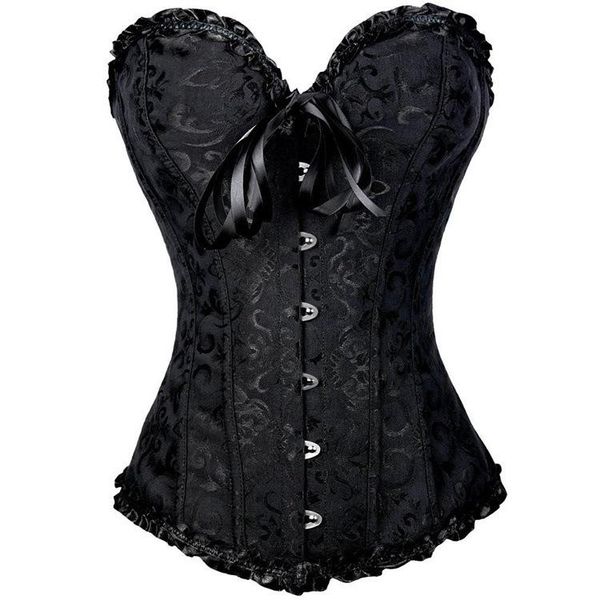 

women's shapers jacquard overbust corset women plus size bustier gothic gorset front ribbon korse fish boned slimming korset outfit dai, Black;white