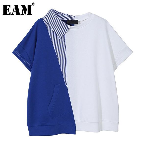 

women's t-shirt [eam] women asymmetrical bgi size blue round neck short sleeve lapel fashion tide spring summer 2021 1dd6102, White
