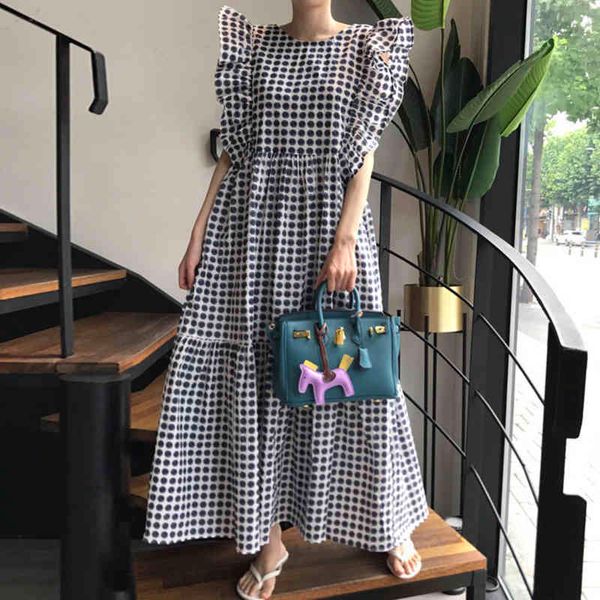 

women black summer retro round neck loose daisy print open back big swing type ruffled flying sleeve dress fashion 16f0831 210510, Black;gray