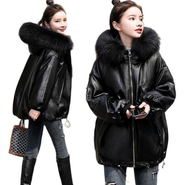 

women's leather & faux fashion plus size jacket parker cotton 2021 feminine coat autumn and winter short, Black