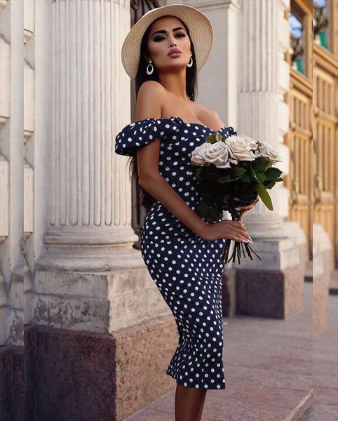 

off shoulder women dress short sleeve bodycon formal party slim polka dot dresses ladies elegant vintage, Black;gray