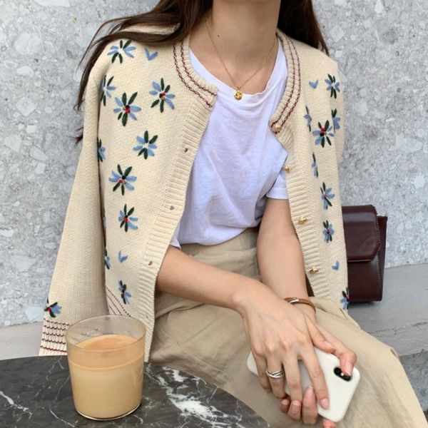 

hoodies autumn floral embroidered winter vintage pull knitted cardigan fashion sweater women's clothes, Black