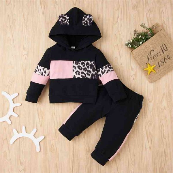 Arrivo Autunno e Primavera Baby Girl Sweet Leopard Baby's Set Colore Nero Patchwork Abbigliamento 210528