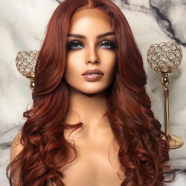 

synthetic wigs soft body wave red brown color lace front wig for black women with baby hair heat resistant fiber 180% density cosplay