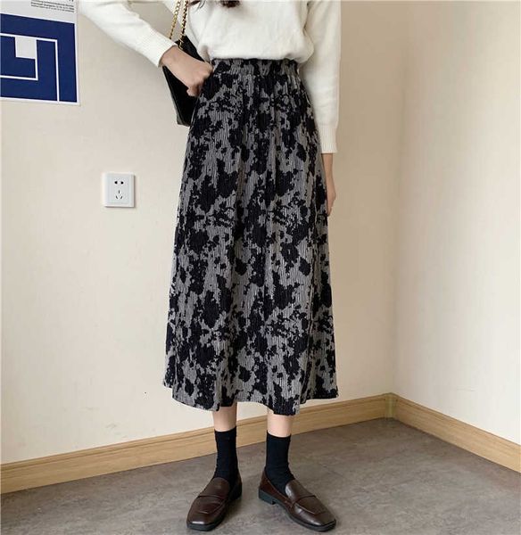 

skirts thick autumn winter women korean style vintage ink stained tie dye school girl high waisted midi long brown 4y6b, Black