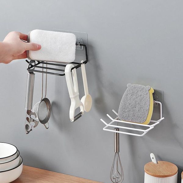 

metal iron racks holder wall shelf no punching mounted 6 hooks bathroom kitchen sponge rack sink organizer sundries storage & rails