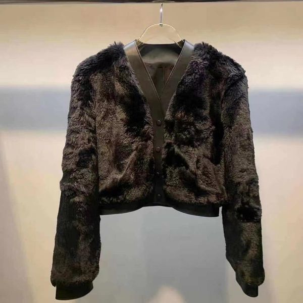 

coats 2021 women black faux fur coat lady v-neck single-breasted furry short jacket female long sleeve outwear