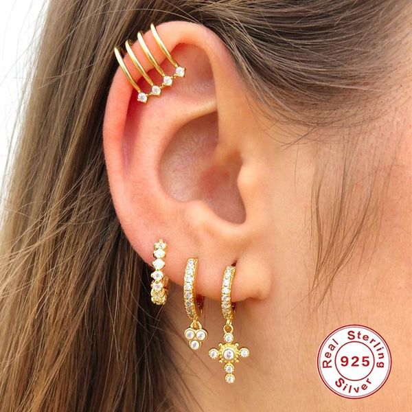 

hoop & huggie romad 925 sterling silver cross pendant earrings women ear jewelry for girls couple gifts fine pendientes plata, Golden;silver