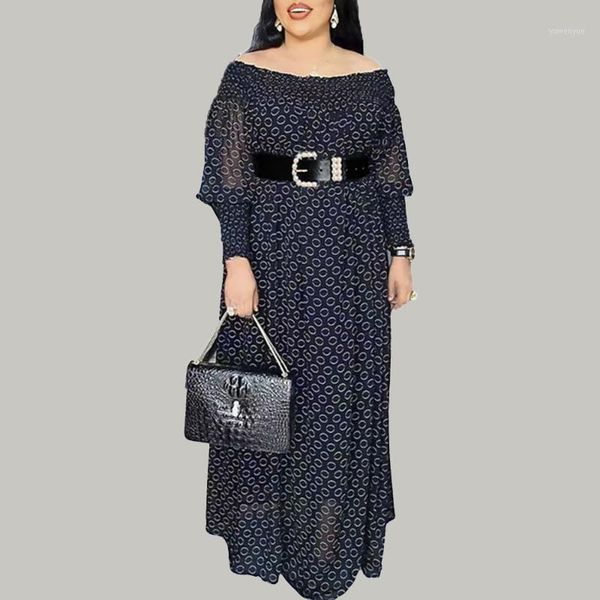 

casual dresses autumn 2021 dress fashion europe america african strapless one word collar long sleeve wave point printing women's, Black;gray